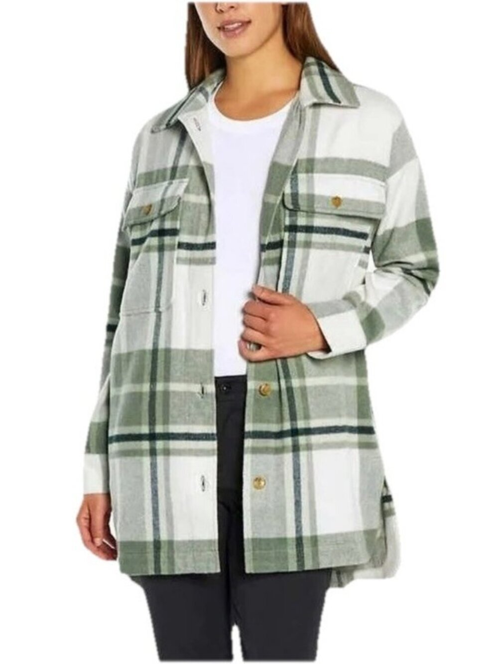 Banana Republic Woman's Sz L Button Front Shirt Jacket Green Plaid Flannel